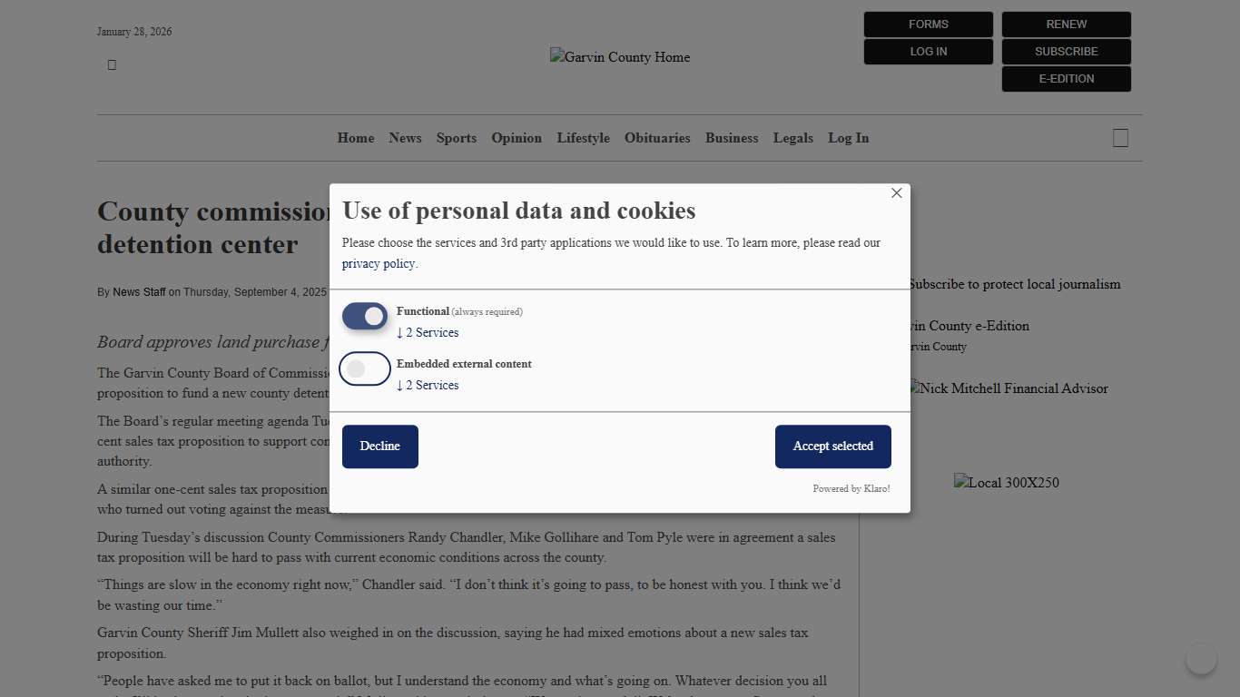 County commissioners to hold off on sales tax election for detention center Garvin County